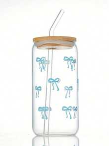 1 cană de cafea transparentă de 473 ml cu design cu fundă, vine cu capac și pai din bambus, cană portabilă pentru băuturi/sucuri de mare capacitate, potrivită pentru vară și iarnă, cadou de ziua de naștere/petrecere de sărbători, sticlă de apă din sticlă pentru cadou de Crăciun