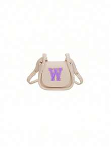 迷你休闲百搭简约纯色DIY PU材质斜跨单肩包，印有26个A-Z字母。您可以把它想象成一个口红零钱包，可以单肩背或斜挎。适合外出上学、旅行购物时使用。圣诞节、感恩节、周五的礼物。最佳礼物。 - 米色+紫色字母 - 查看 26