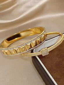 Juego de pulseras de acero inoxidable chapadas en oro de 18K con circonita, joyas de lujo y moda para mujeres, para Halloween, Navidad, Acción de Gracias, estilo bohemio, para uso diario, fiestas de verano, regalo para mamá, regalo de vuelta a la escuela, regalo de cumpleaños, regalo de aniversario, regalo de San Valentín