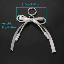 1pc Plaid Bow Faux Pearl Keychain, Backpack Accessory, Unique Beaded Phone Case Charm, Minimalist Bow Design Halloween Accessories Teachers Day Christmas Gift Ideas - Silver Gray - View 5