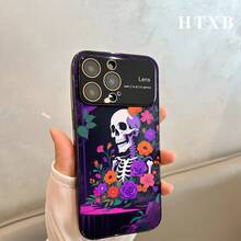 Teléfono con estampado de calavera y flores moradas electrochapado | AG Frosted Large View Window 2 en 1 17 17 Pro 17 Pro 16 Pro 16 Pro 16 Plus 16 15 Pro 15 Pro 15 Plus 15 14 Pro 14 Pro 14 Plus 14 13 Pro 13 Pro 13 12 Pro 12 Pro 12 Series, Funda para teléfono, funda para dispositivo, diseño floral, funda premium y duradera, funda protectora, entusiastas de la tecnología, seguidores - Negro - Ver 2