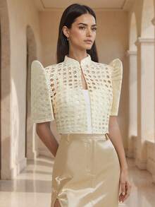 Amyenjoylife 现代菲律宾风情衬衫，蝴蝶袖菲律宾风情衬衫，女士时尚迷人泡泡袖衬衫，镂空菲律宾风情衬衫，香槟色独特菲律宾风情短款上衣 - 香檳色 - 查看 1