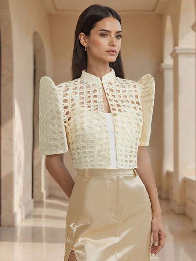 Amyenjoylife 现代菲律宾风情上衣，蝴蝶袖菲律宾风情上衣，女士时尚迷人泡泡袖短袖上衣，镂空菲律宾风情上衣，香槟色别致菲律宾风情短上衣