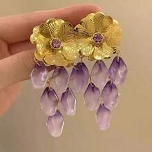 2 Pieces Exaggerated Floral Earrings Fashion Lightweight Luxury Purple Tassel Earrings Long Style Daily Casual Style Women's