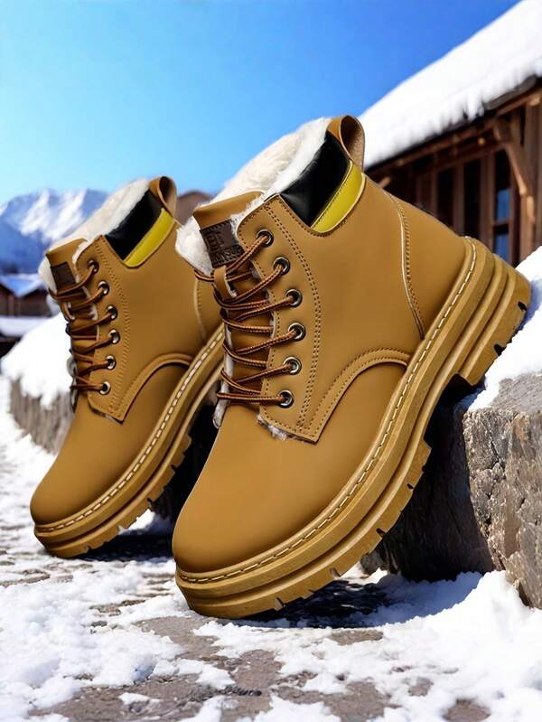 Botas de nieve planas de alta altura con forro térmico de unicolor para hombres, botas cortas de cuero casual para invierno y exteriores, color negro, talla grande