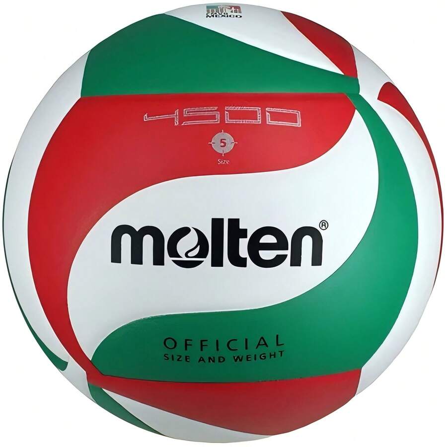 Balón de voleibol Molten V5M 4500 nº 5, color blanco/verde/rojo, uso indoor, balón profesional de alta calidad, superficie adherente, excelente rebote, ideal para entrenamiento y competencia, resistente y duradero, accesorios deportivos recomendados