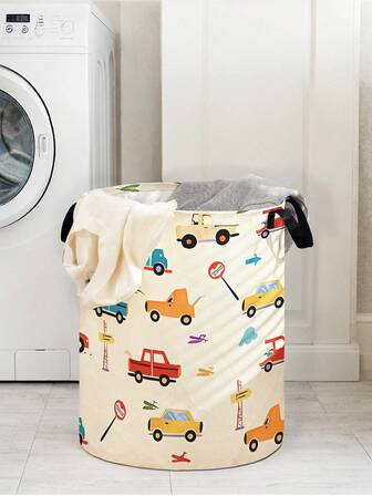 1 st tecknad biltryck stor kapacitet hopfällbar rund förvaringskorg med handtag, mångsidig förvaringskorg för badrum, rum, tvätt, leksaker, hushållsartiklar, hopfällbar smutskorg, förvaringslåda