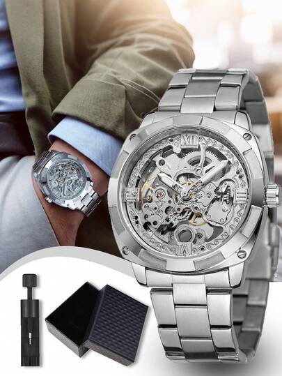 FORSINING 1 pieza Reloj de pulsera mecánico automático de esqueleto de acero inoxidable con función de tourbillon para hombre de estilo casual, reloj de moda para hombre con función luminosa resistente al agua, reloj de pulsera para hombre de negocios adecuado para ocasiones de trabajo, regalo para hombres