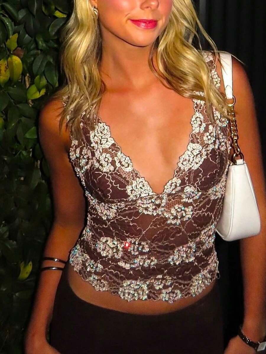 Women's Y2k Summer Lace Tank Top Embellished Cami Top Sleeveless Deep V Neck Slim Fit Crop Top Party Going Out Top Clubwear - Màu Khaki - Xem 1