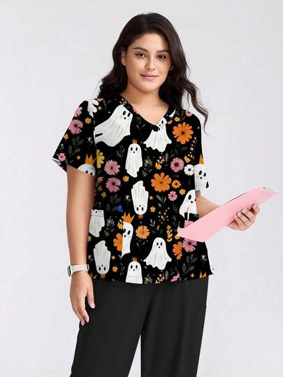 cimmuovere Plus Size Women's V-Neck Short Sleeve Cute Ghost & Floral Print Scrubs Nurse Uniform Top, Workwear For , Dental, Healthcare, Pet Hospital, Laboratory, Halloween Clothes