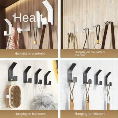 5 خطاطيف لاصقة ذاتيًا - خطاطيف مثبتة على الحائط بدون ثقب لمناشف وأردية، خطاطيف من الألومنيوم المطلي بالبودرة السوداء توفر المساحة لحمام وغرفة نوم ومطبخ - تخزين متعدد الاستخدامات مناسب للملابس والقبعات والمناشف وتنظيم الحمام، تصميم خطاف أنيق، اكسسوارات حمام، ديكور الغرفة