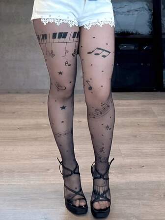 1 Set Ultra-Thin Black Piano Score Print Sexy Leggings, Suitable For Fashion Enthusiasts, Party Wear As Base Layer