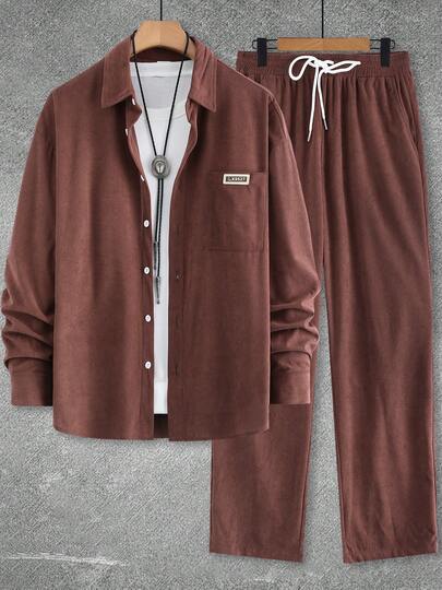 Men's Solid Color Long Sleeve Pocket Patch Shirt & Long Pants Casual Suit, Autumn/Winter, Cozy Outfits