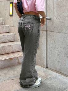 Women's Straight Leg Jeans, Butterfly Embroidery Design Back Pockets, Washed Denim Fabric, Back To School Season Pants Casual - Grey - View 8