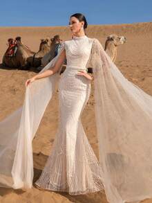 Faeriesty Haute Glamour Luxury Sparkly Beaded Sequin Evening Gown With Wave Pattern Embroidery & Crystal Accents - Tulle Cape Sleeves & Floor-Length Cascading Skirt For Galas, Wedding Banquets & High-End Red Carpet Events For Women - Màu be - Xem 8