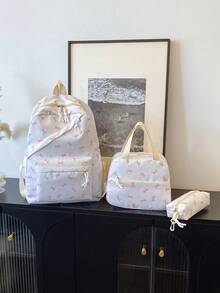 3pcs Fashionable Collegiate Bow Print Backpack Set, Includes Backpack, Lunch Bag And Pencil Case, With Laptop Compartment, Adjustable Shoulder Straps, Multi-Pocket Large Capacity, Multi-Functional Daily Backpack Set, Suitable For Girls/Teens/College Students/Graduates For Daily Use/Vacation/Travel/Back To School - White - View 9