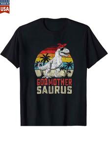 Vintage Godmother Saurus Dinosaur Sunset Graphic T-Shirt For Women Girls Mom Gift - 黑色 - 查看 1
