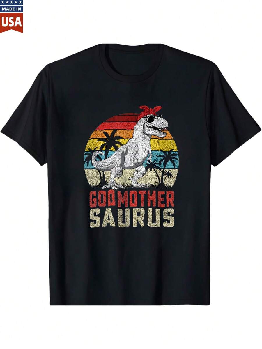 Vintage Godmother Saurus Dinosaur Sunset Graphic T-Shirt For Women Girls Mom Gift - 黑色 - 查看 1