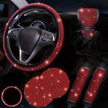 7-Piece Set Of Shiny Car Steering Wheel Cover, With Cup Holder Coaster And Gear Shift Knob Cover, Polyester Fiber Car Diamond Steering Wheel Cover Set, Seat Belt Cushion And Start Button Ring, Universal, No Inner Ring