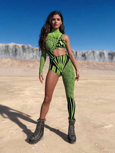 Combinaison sexy pour femme - Coupe moulante, asymétrique, pour soirée, vacances, imprimée, manches longues, costume d'Halloween