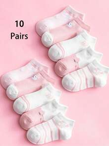 5 Pairs/10 Pairs Girls Ankle Socks, Pink Cat, Rabbit & Stripe Mesh Breathable Short Socks For Spring/Summer, Suitable For Students Back To School And Daily Wear - Multicolor - View 10
