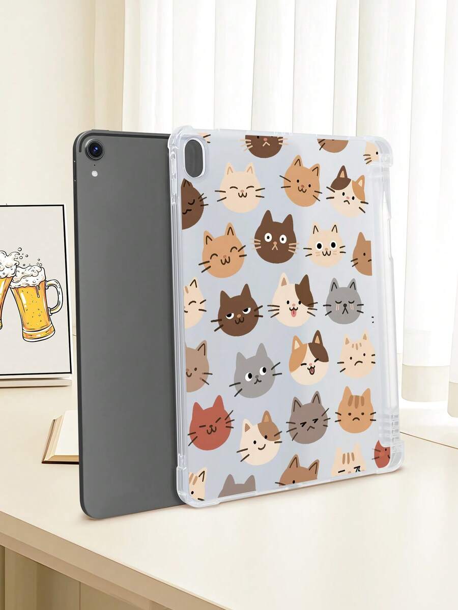Tablet Computer Case, Cartoon Kitten Pattern, Many Interesting And Cute Kitten Emoticons, Transparent Shell With Pen Slot, Compatible With Various Models Such As IPad Air 3 (10.5 Inches), IPad Air 4 (10.9 Inches), IPad Pro11-In (M4)-2024, Etc.