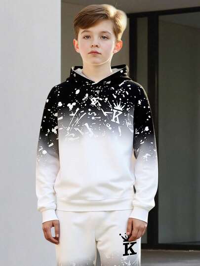 Tween Boys Spring/Autumn/Winter 2 Pieces Set, Long Sleeve Hoodie Sweatshirt And Jogger Pants, Splatter Print Design, Casual Warm Knit Outfit