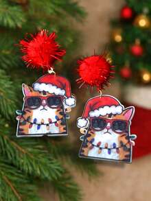 Acrylic Resin Santa Cat Earrings With Red Pom Poms – Cute Christmas Earrings, Funny Santa Cat Jewelry, Handmade Holiday Earrings, Xmas Accessories, Lightweight Christmas Jewelry, Resin Art Earrings For Christmas