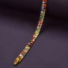 Elegant Multicolor Gemstone Women's Tennis Bracelet - Vintage Bohemian Style, Sparkling Cubic Zirconia, Adjustable Gold Clasp - Ideal For Valentine's Day And Christmas