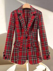 Women's Casual Christmas Plaid Single-Breasted Fitted Long Sleeve Blazer - Red - View 3