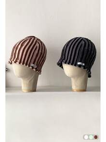 1 件条纹可爱粉色无檐小帽，百搭休闲针织帽，弹力秋冬男女通用无檐小帽 - 彩色 - 查看 3
