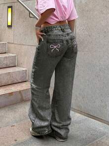 Women's Straight Leg Jeans, Butterfly Embroidery Design Back Pockets, Washed Denim Fabric, Back To School Season Pants Casual - Grey - View 5