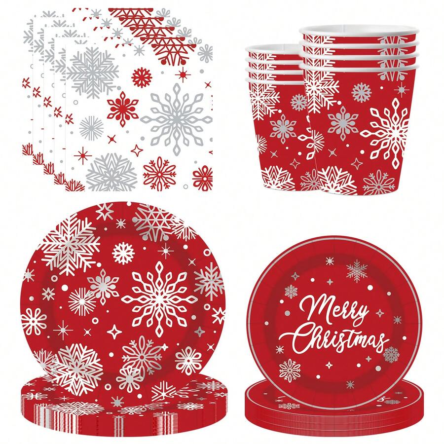 10pcs Christmas Party Supplies Dinnerware Packs Red Snowflakes Plates Napkins Cups Christmas Snowflakes Tableware Set For Winter Holiday Birthday Xmas Party Supplies Merry Christmas Decorations - Multicolor - View 1