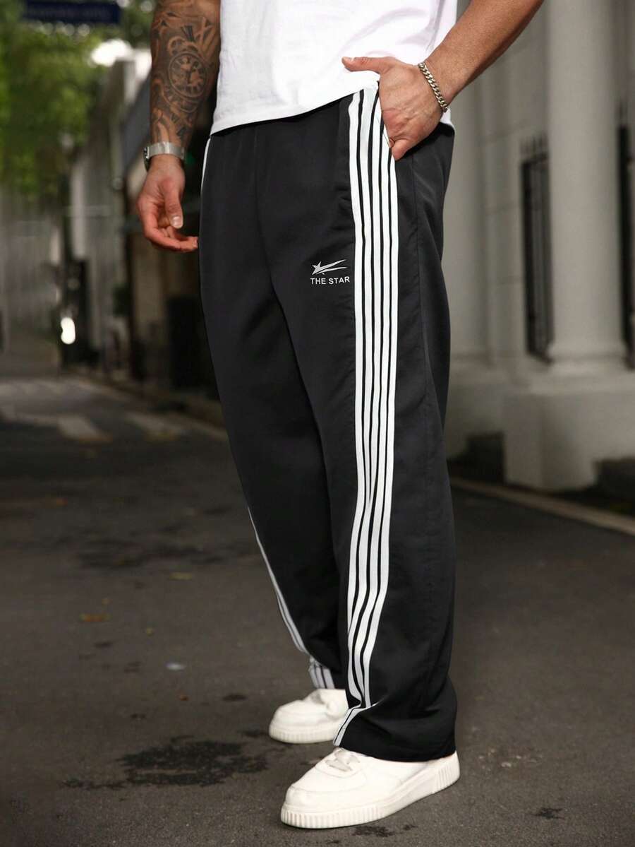 OMNIVOLUME Plus Size Men's Straight Leg Loose Fit Striped Casual Sweatpants