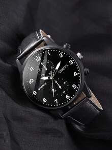 1pc/4pcs Men's Casual Personalized Sports PU Leather Quartz Watch And Bullet Necklace Jewelry Set - Black - View 2