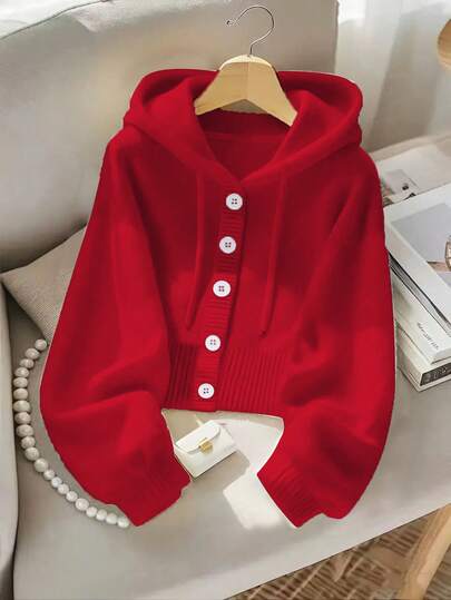 女式宽松连帽开衫 - 舒适纽扣前襟设计，秋冬休闲针织毛衣