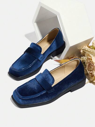 Mocasines azules de tacón ancho y punta cuadrada, estilo retro 2025 para otoño/invierno, adecuados para uso en la oficina, tallas grandes