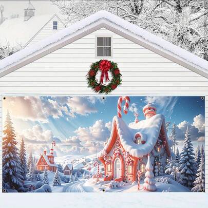 1 Pç 2D Banner Plano Inverno País das Maravilhas Natal Porta de Garagem Banner - Cena de Casa de Doces de Neve, Fácil de Pendurar, Decoração Multiuso, Adequado para Entrada, Carro, Carnaval