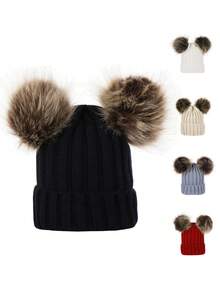 1pc Women's Fashion Double Pom Pom Ear Warmer Knit Beanie Hat, Warm For Outdoor, Students, Suitable For Daily Wear, Autumn/Winter - Multicolor - View 10