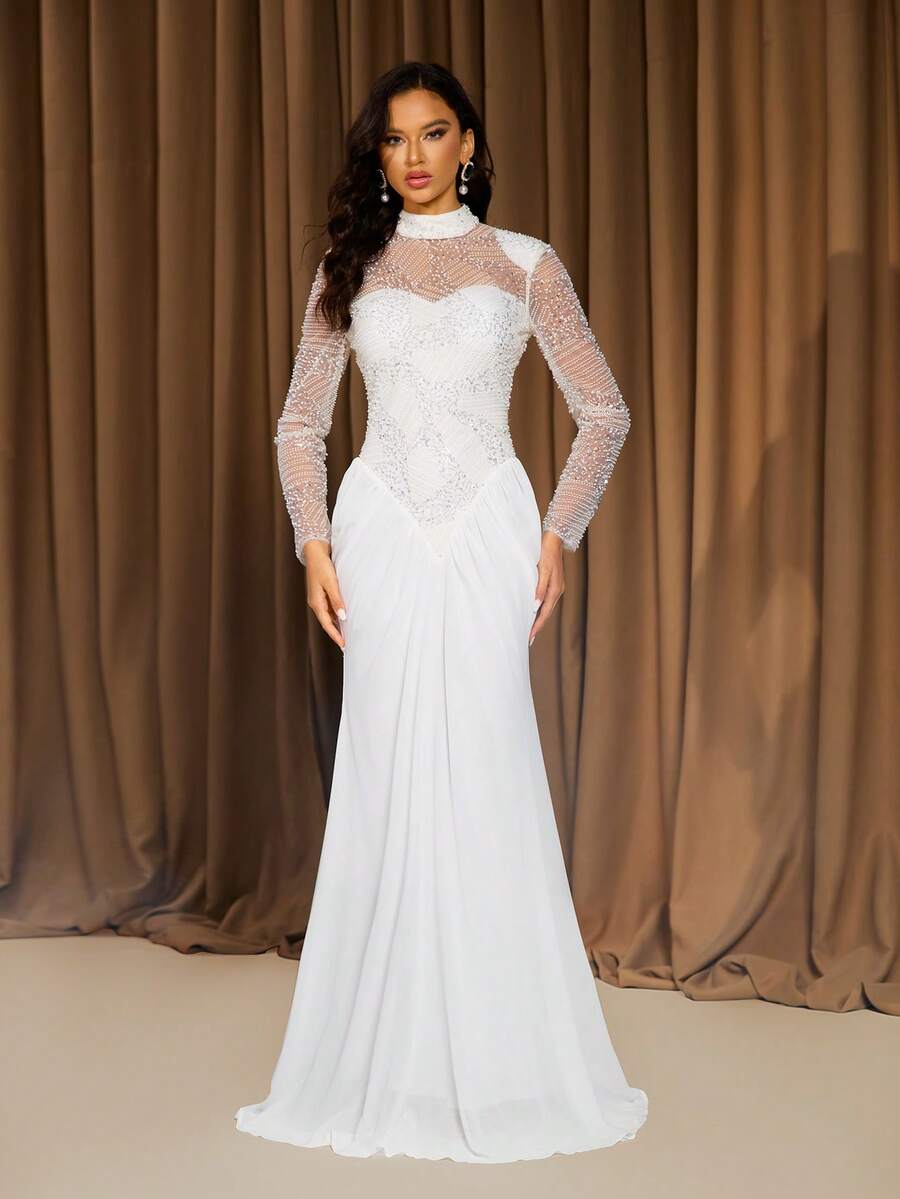 Elegantes weißes Hochzeitskleid mit Stehkragen, Langarm, Pailletten-Patchwork und Chiffon - Weiss - Übersicht 1