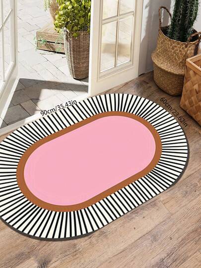 1pc Roze Gestreepte ative Rug, Oval Faux Wool Zachte Com Tafel Bedside Living Room Balcony Area Home Multiple Sizes Available Bedroom Small Outdoor Washable Plush Furry Thick/Fluffy view 5