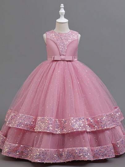 Rochie elegantă și bufantă pentru fete, cu paiete și funde, rochie lungă pentru petrecere de ziua de naștere, nuntă, ocazie formală