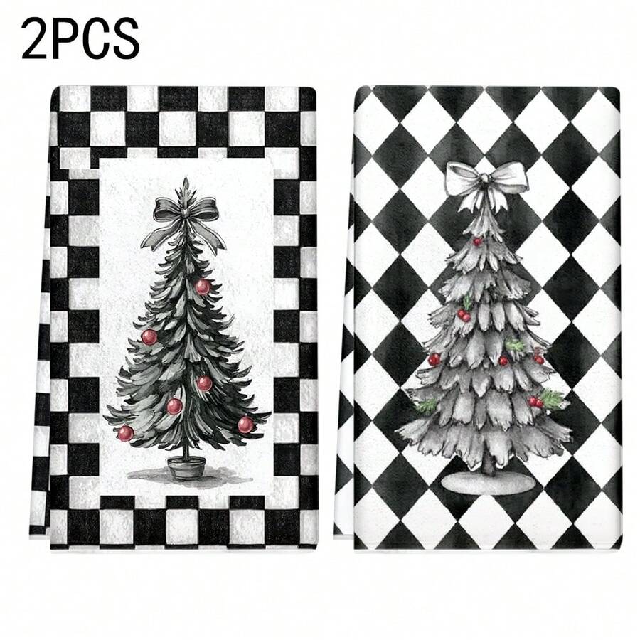 1set/2pcs/100pcs Christmas Tree Printed Pattern Kitchen Towels And Dishcloths, Suitable For Interior Decoration In Restaurants, Kitchens, Bathrooms, Party Decoration, Holiday Gifts, And Can Be Given As Christmas Gifts - Multicolor - View 1