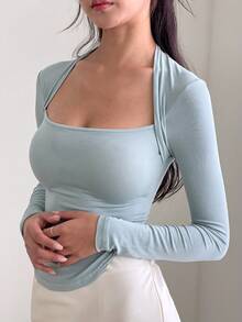 ARA CHIC Women's Light Blue 2-In-1 Square Neck Ruched Waist Fitted Sexy Blouse, Suitable For Work, Dates And Vacation, New Spring/Summer Collection - Blue - View 8