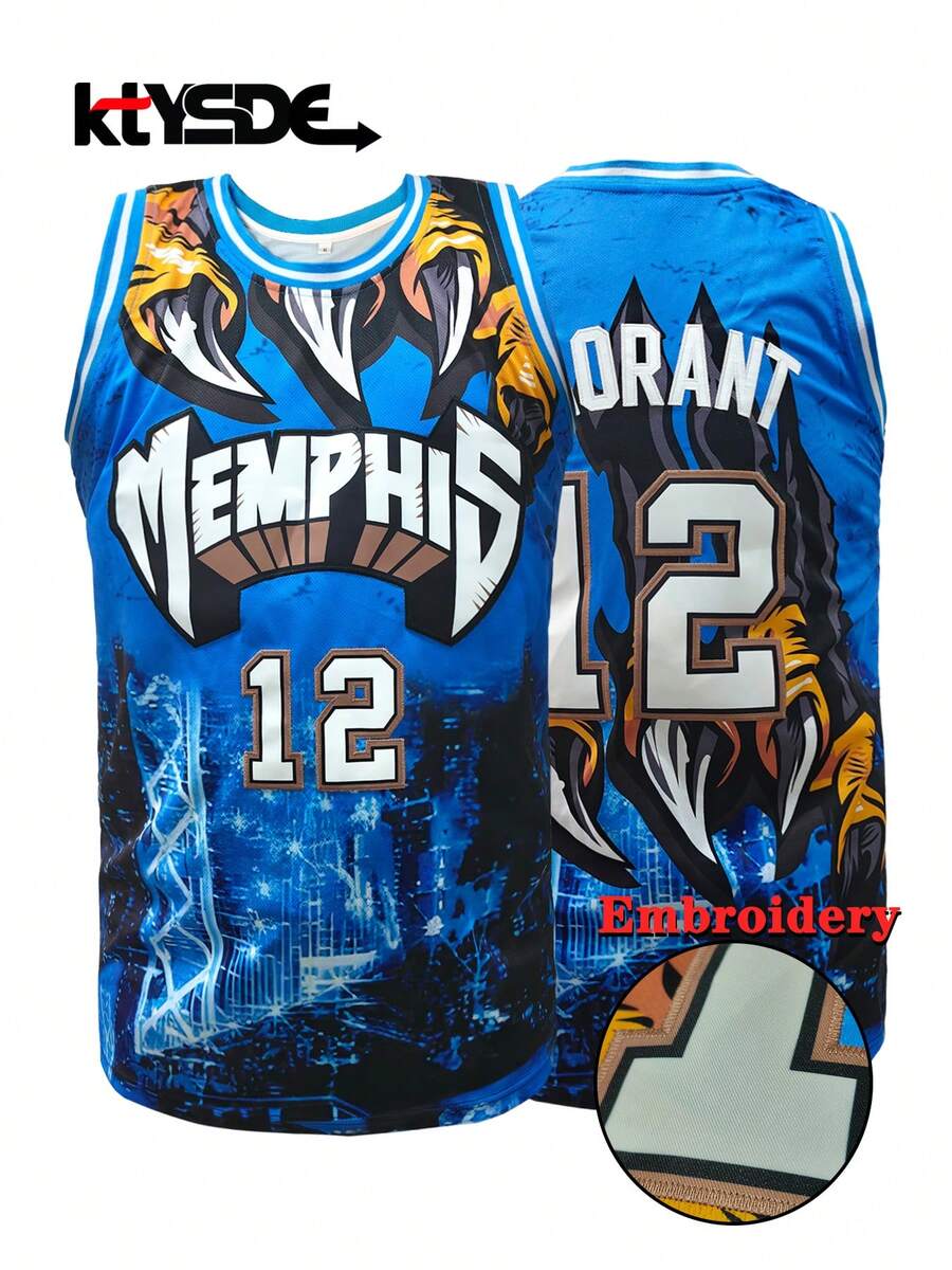 KTYSDE Áo bóng rổ nam số 12 kiểu retro, in chữ Memphis và thêu, dáng rộng, không tay, cổ tròn, thích hợp cho bóng rổ, thể thao, chạy bộ, thời trang đường phố, unisex, mùa xuân. - Màu xanh lam - Xem 1