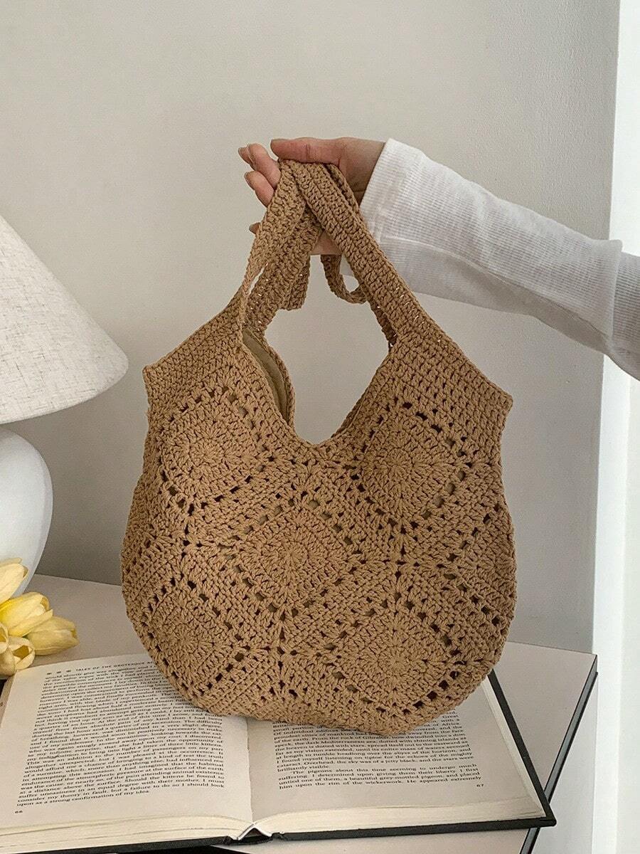 Bolso de ganchillo, bolso de tote de gran capacidad y hueco, bolso tejido a mano, bolso de playa de verano, bolso de viaje, bolso dulce y femenino