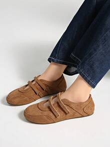 2025 年新款夏季女式红色钩环运动鞋，皮革透气软底鞋 [尺码偏小，秋季，请参考尺码表]，平底鞋，芭蕾鞋