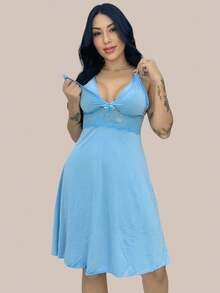 Nursing Nightgown With Lace Detail Postpartum Comfort Maternity. - Baby Blue - View 1