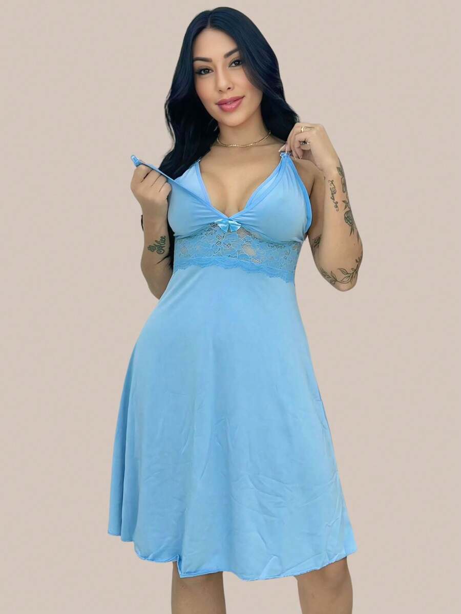 Nursing Nightgown With Lace Detail Postpartum Comfort Maternity. - Baby Blue - View 1