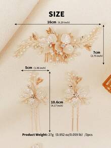 3件套女士珍珠水晶串珠手工发梳发夹套装，经典欧式新娘婚礼发饰情人节配饰 - 金色 - 查看 7